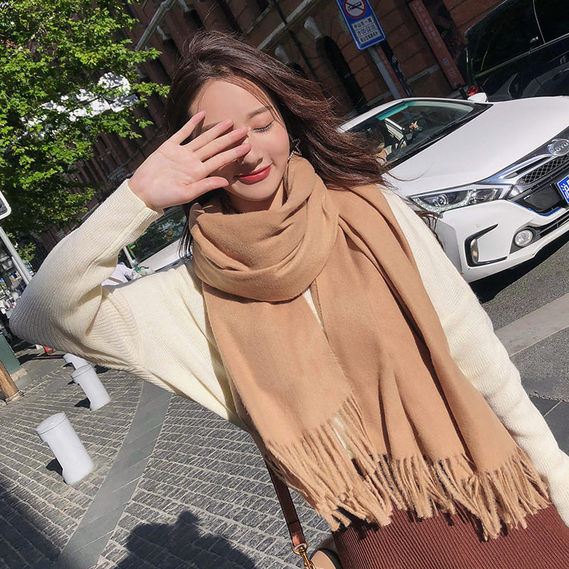 秋冬韩版纯色刺毛围巾女文艺学生百搭披肩流苏加长仿羊绒加厚围巾