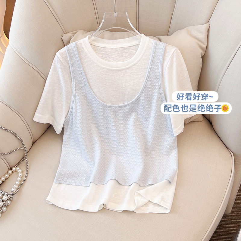 蓝色假两件短袖T恤女2025夏季新款大码胖mm显瘦正肩气质独特上衣