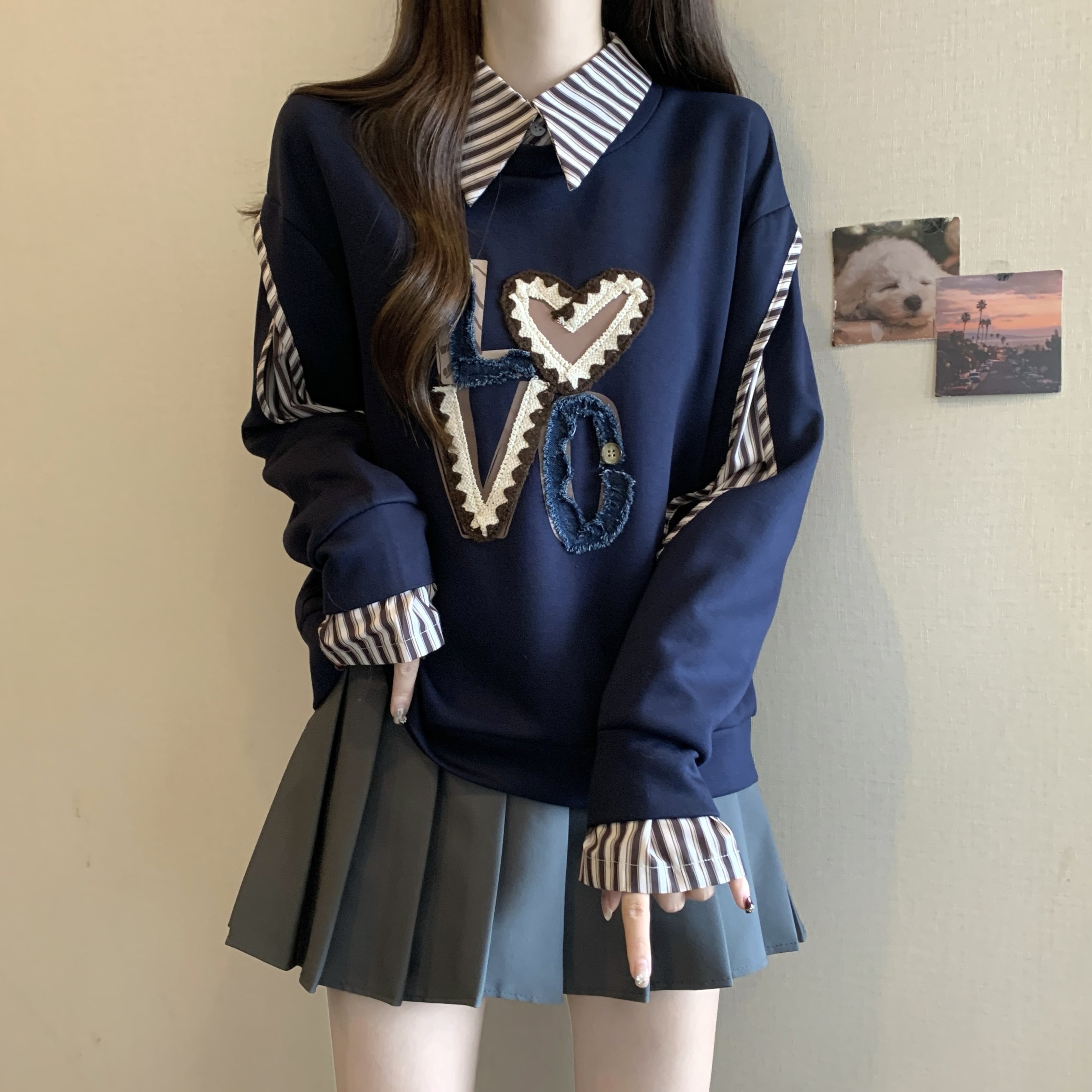 大码无帽叠穿翻领假两件卫衣春季新款胖mm设计感小众别致绝美上衣