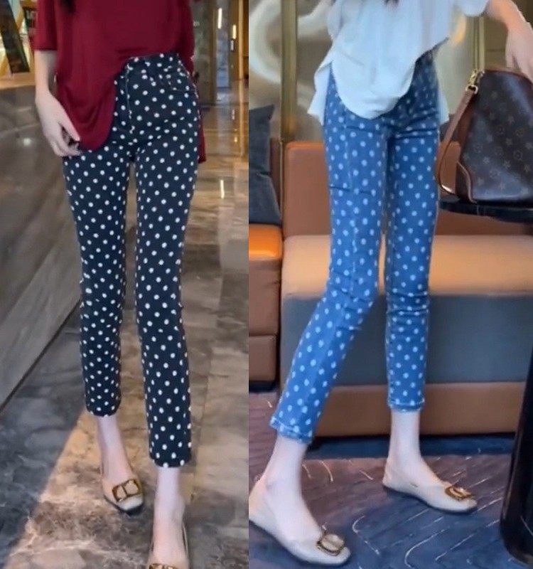 2025春夏新大码mm波点休闲裤显瘦铅笔小脚九分女装裤显腿长弹高腰