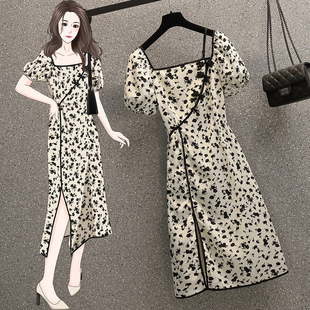 高级感绝美小裙子女夏天大码微胖mm复古旗袍改良版碎花方领连衣裙