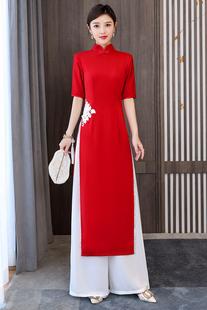 红色旗袍套装裤两件套越南旗袍裙改良奥黛女中国风舞蹈走秀演出服