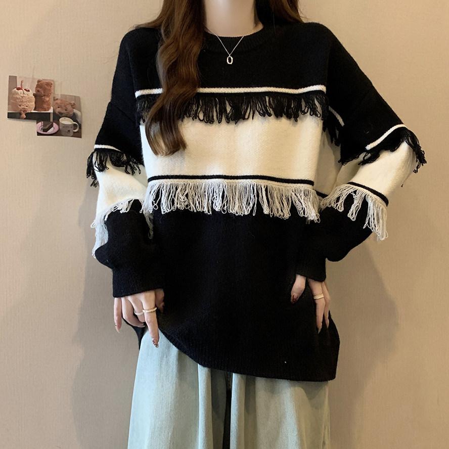 加厚流苏拼接长袖针织毛衣女秋冬新款大码胖mm设计感宽松显瘦上衣