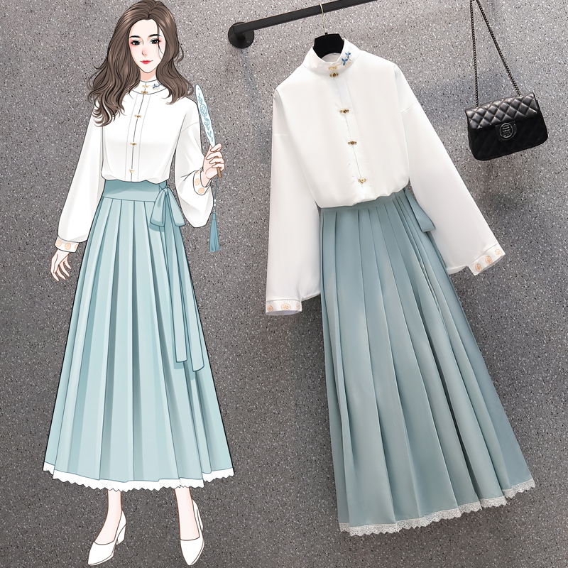 大码女装2025年春装新款微胖妹妹显瘦衬衫半身裙改良汉服两件套装
