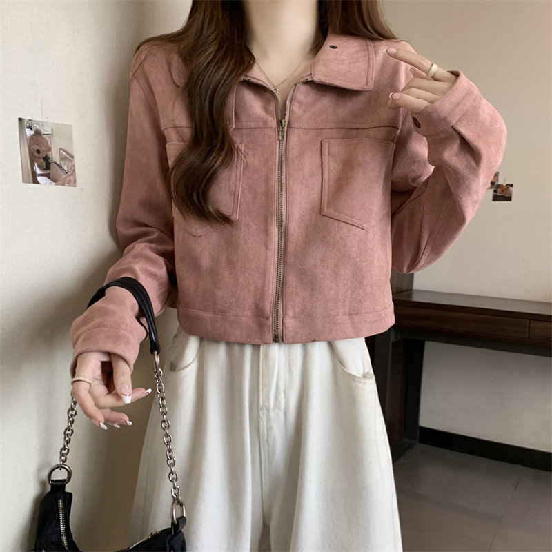 欧货粉色短款鹿皮绒外套女秋冬大码胖mm显瘦今年流行漂亮夹克正肩