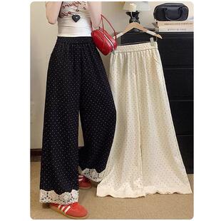大码女裤春夏2025新款蕾丝花边波点裤子胖mm显瘦直筒阔腿裤九分裤