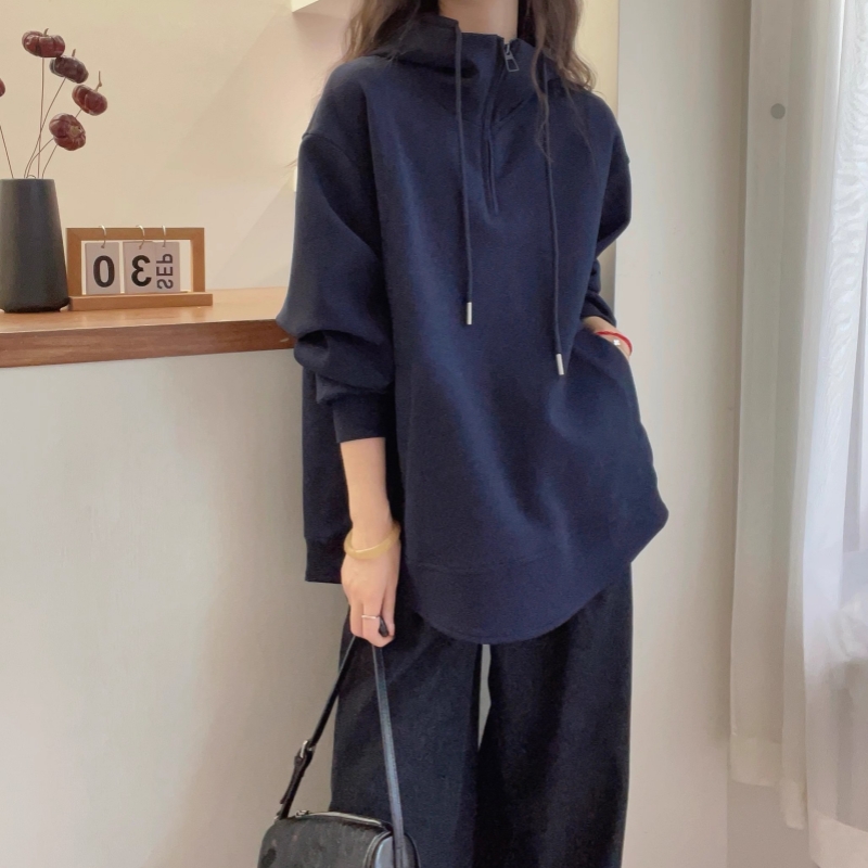 欧货连帽正肩卫衣女春季大码微胖mm显瘦大版中长款遮屁股洋气上衣