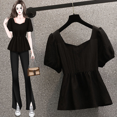 大码炸街法式黑色衬衫胖mm收腰遮肚显瘦方领泡泡袖小衫正肩上衣夏