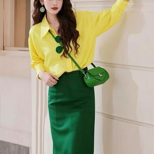 复古港风女装80年代上衣女设计感小众轻熟2026春印花绿色长袖套装