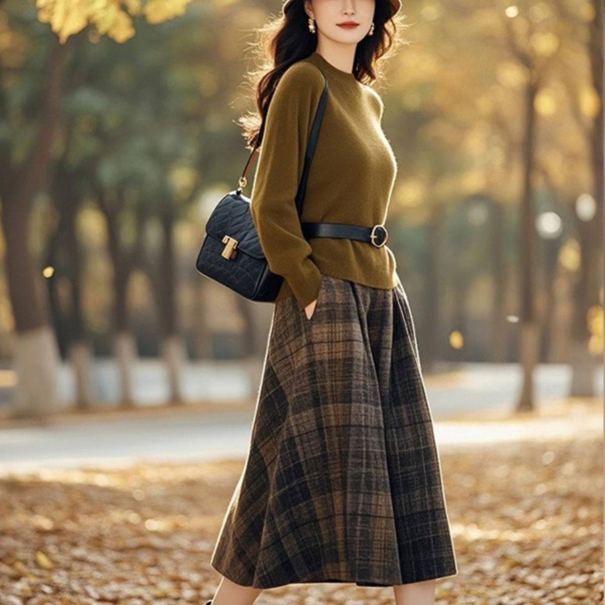 秋冬季文艺复古港风高级感绿色毛衣配格子毛呢半身裙质感穿搭套装