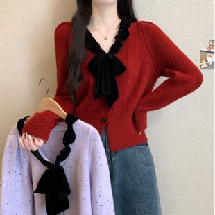 浅紫色蝴蝶结毛衣针织衫女2025新款秋冬大码胖mm正肩气质独特上衣