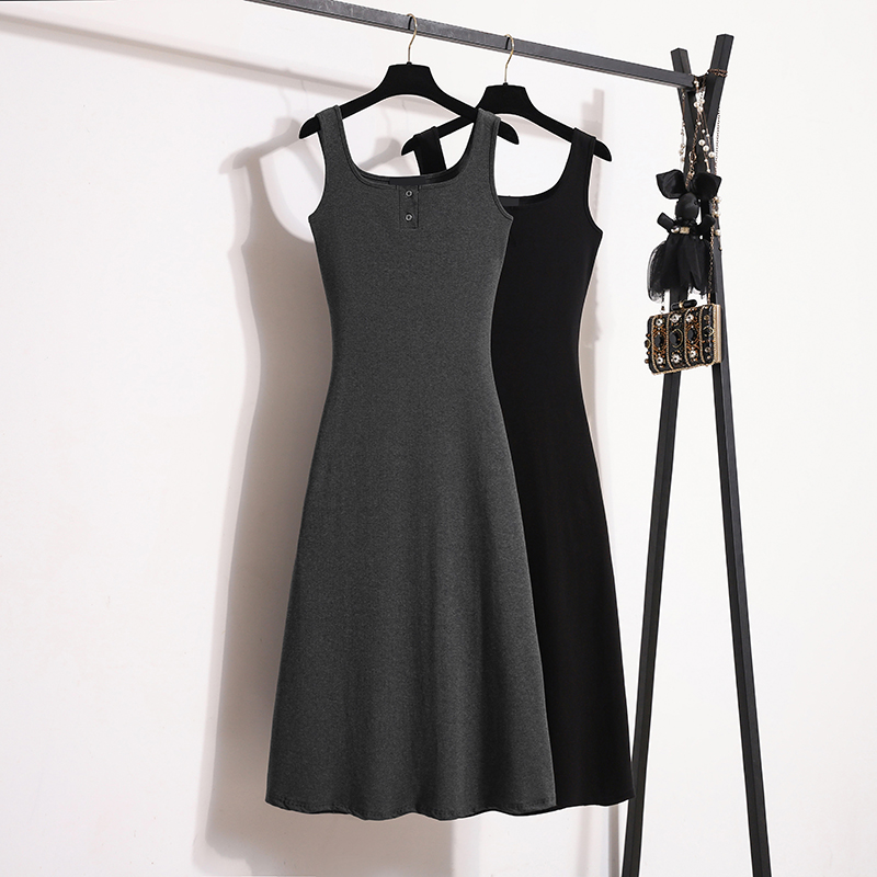 绝美灰色正肩背心连衣裙早秋大码胖mm遮肚藏肉a字休闲打底裙长裙