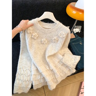 立体花朵正肩毛衣女2025新款冬大码胖mm显瘦下摆荷叶边针织衫上衣