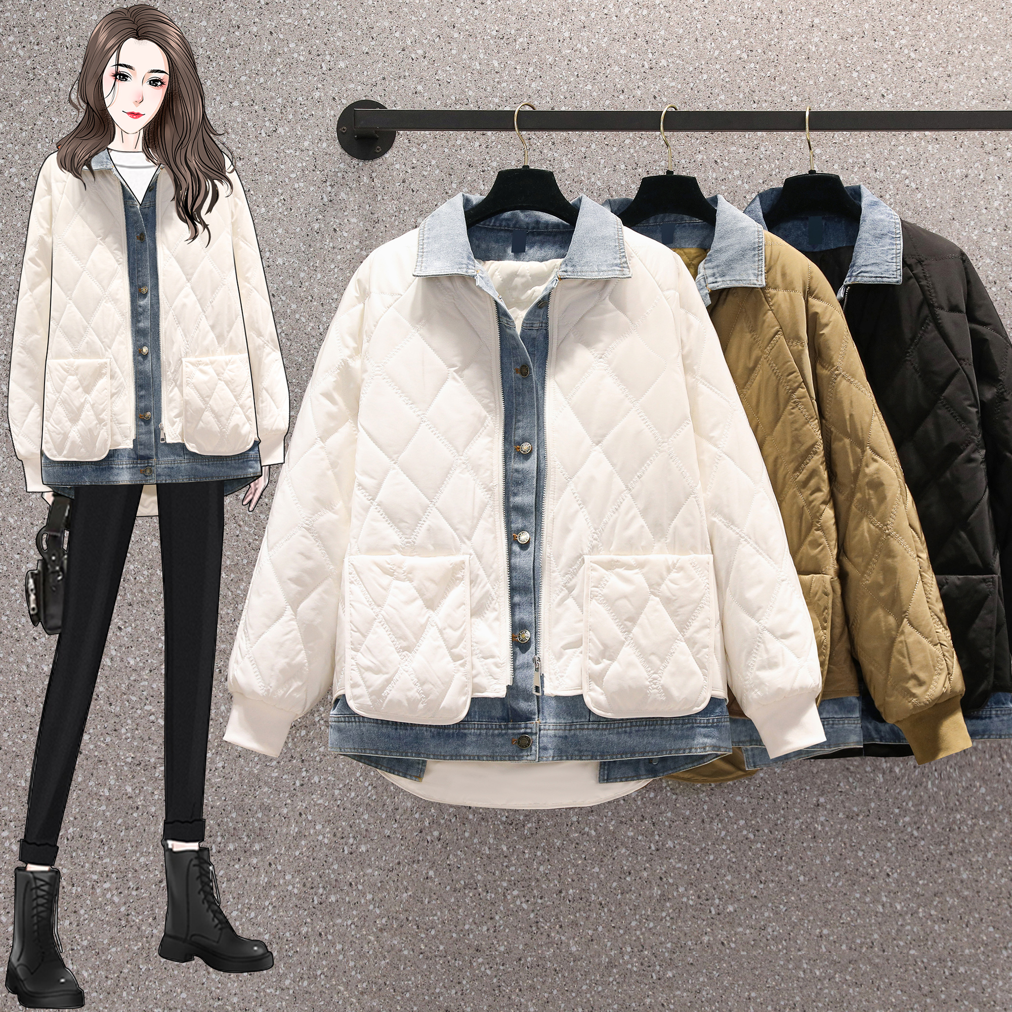 拼接假两件牛仔外套棉服