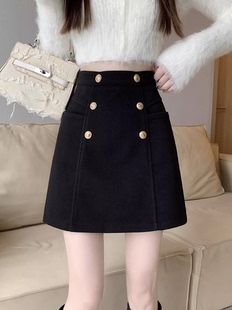 冬季毛呢半身裙女2025新款小个子黑色百搭短裙高腰显瘦A字裙子潮