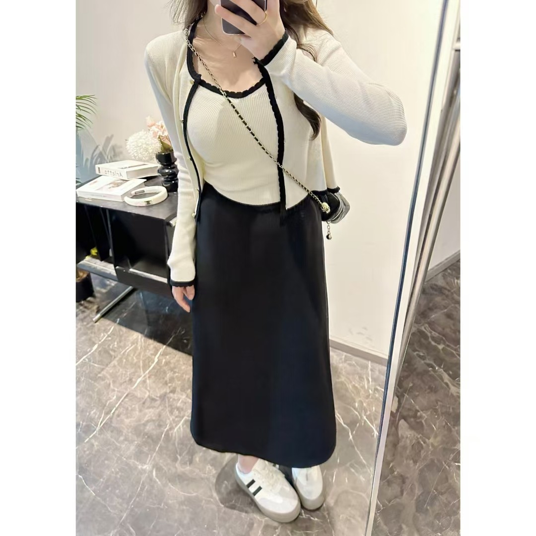 大码小香风吊带背心针织开衫两件套女秋季胖mm气质显瘦上衣套装潮