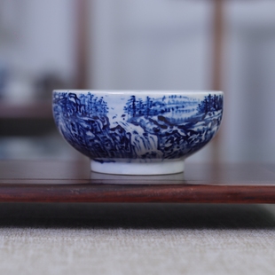 九希堂刘林荣青花瓷山水画主人杯仿古普洱杯大口茶碗内绘724