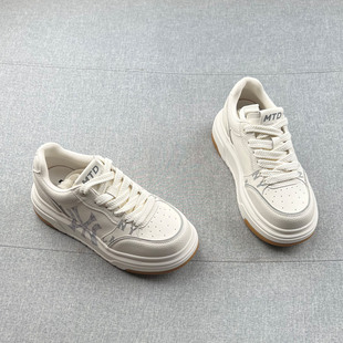 轻便松糕底休闲女板鞋 米家真皮圆头系带厚底增高小白鞋 2026年春款