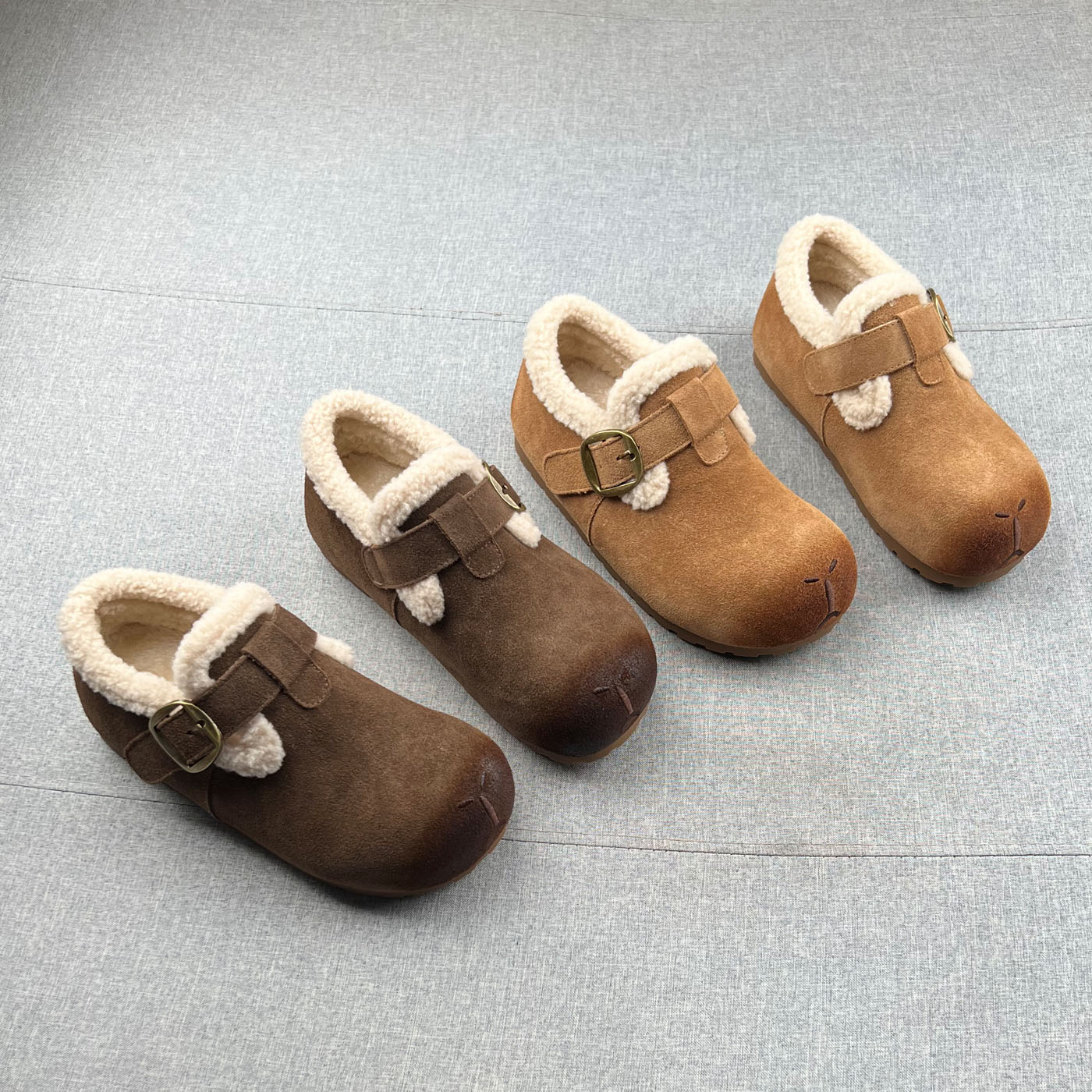 真皮羊毛绒魔术贴平跟勃肯鞋