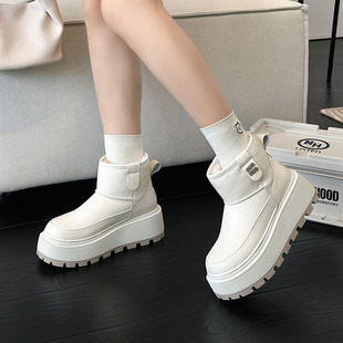 增高6.5cm真皮羊毛绒厚底雪地靴女2025年冬款 松糕底牛皮棉靴短靴