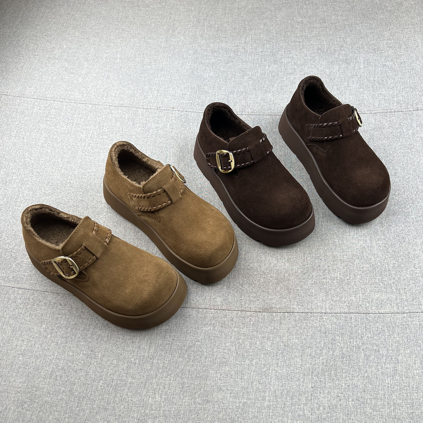 真皮羊卷毛魔术贴厚底增高勃肯鞋