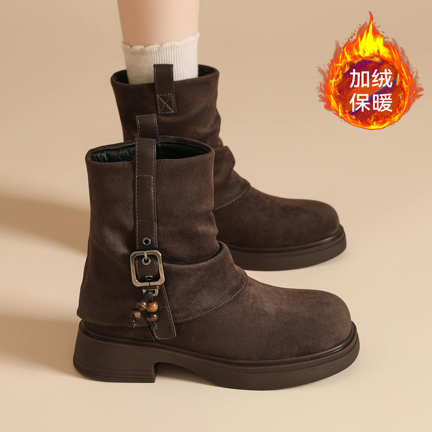 女士新款加绒骑士靴中筒棉靴