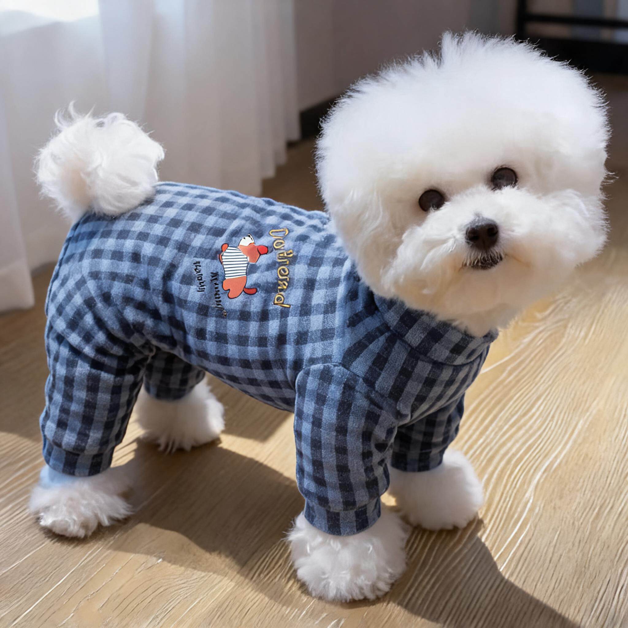 宠物衣服狗狗四脚衣打底方格德绒家居服泰迪比熊猫咪春秋冬保暖装