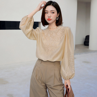 洋气小衫 2025春夏新款 天丝衬衫 宫廷风蕾丝长袖 宽松上衣女 圆领法式