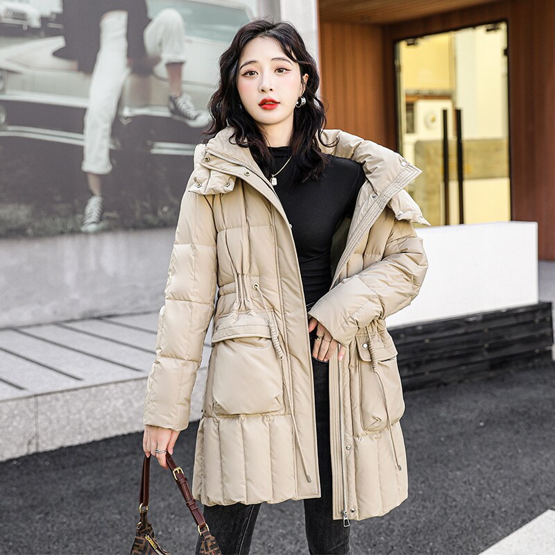 冬季新款连帽韩版修身中长款羽绒服女欧货白鸭绒时尚加厚保暖外套