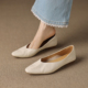 女V口显瘦懒人一脚蹬浅口平底奶奶鞋 羊皮版 软糯舒适尖头粗跟单鞋