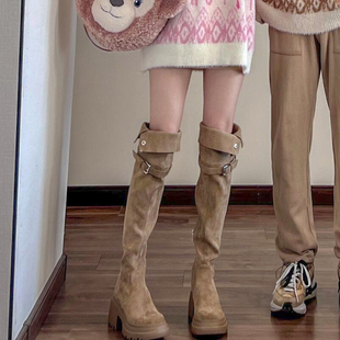 8cm~美拉德高跟厚底33小码过膝长靴女卡其色两穿翻折高筒骑士靴