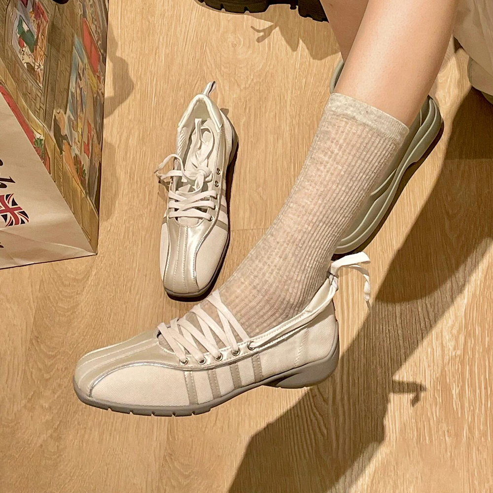 羊皮版韩国舒适软底银色绑带芭蕾舞单鞋女休闲玛丽珍机能风运动鞋