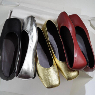 气质软皮奶奶鞋 女法式 小众设计row风极简方头芭蕾舞单鞋 羊皮版