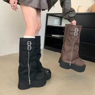 显高炸街长筒靴女松糕厚底高筒靴不过膝长靴小个子增高裤管骑士靴