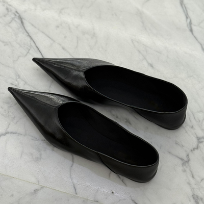 超软羊皮尖头豹纹V口平底单鞋女