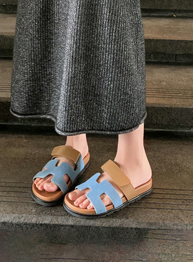 真皮二舅拖鞋女外穿2023年夏新款平底一字拼色魔术贴休闲沙滩凉拖