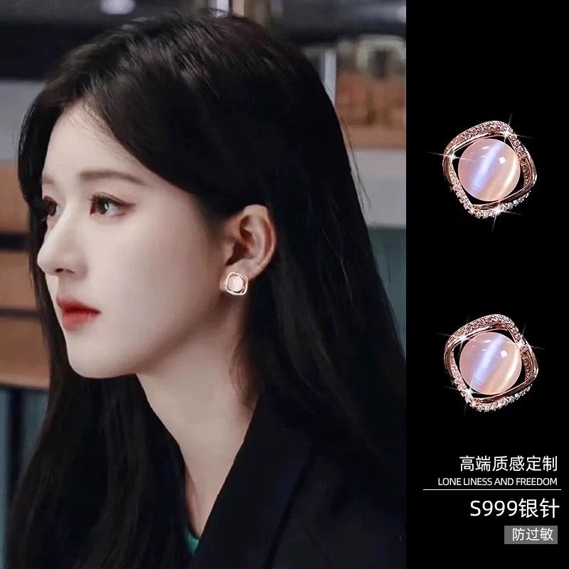 韩国高级感999纯银针耳钉女猫眼石轻奢耳夹耳饰2026新款爆款耳环