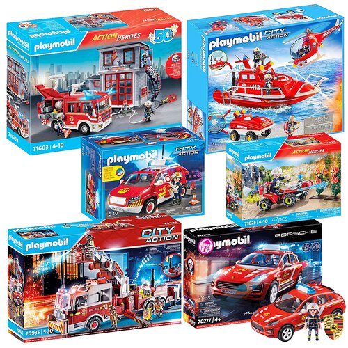 Playmobil德国摩比世界玩具车消防局消防员车 送男孩儿童生日礼物