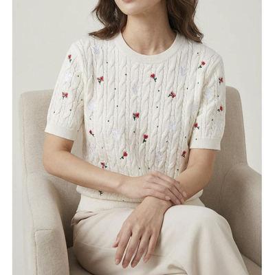 2026年D家 春夏新款玫瑰绣花麻花扭绳短袖针织上衣 51A010937