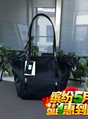 agnes b经典防水尼龙配漆皮单肩手提抽绳变形ab水饺子包大容量女