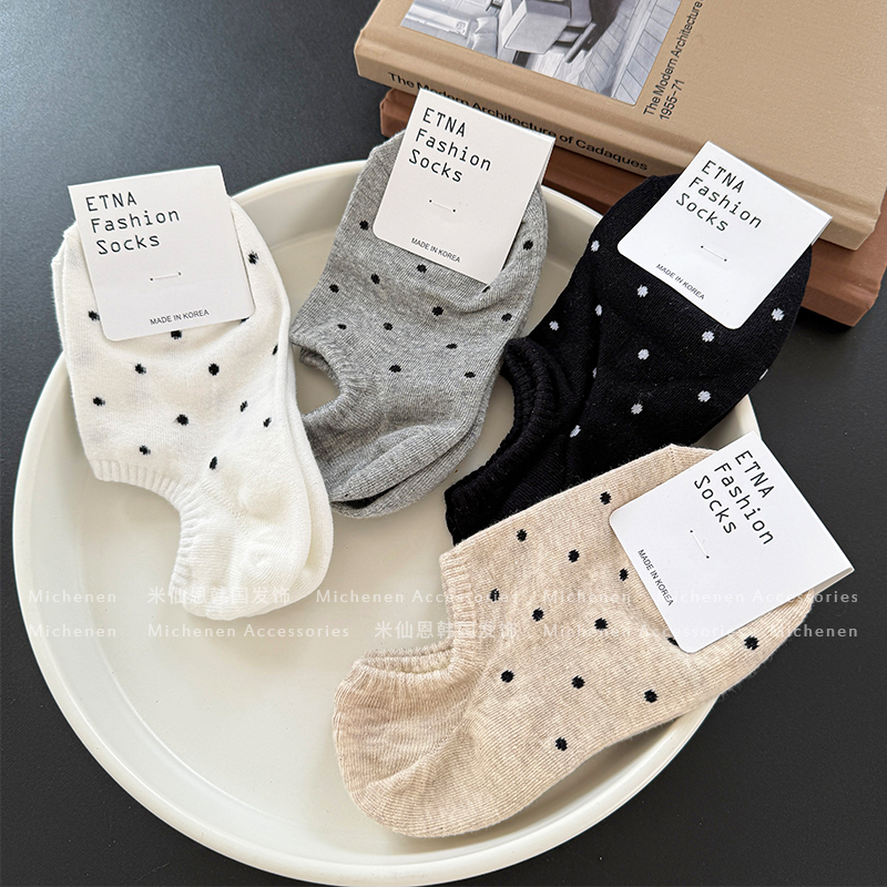 仙恩韩国进口波点100%纯棉船袜防滑短袜子可爱波点简约透气袜子