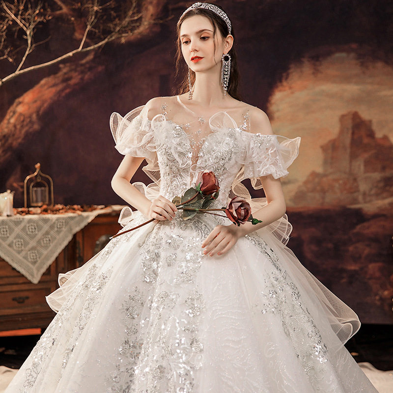 婚纱礼服2021新款拖尾高级感新娘气质拖尾一字肩大码遮粗手臂夏季