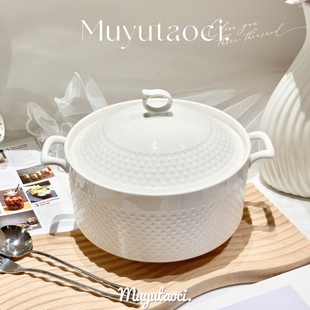 简约陶瓷大容量家用汤碗玻璃盖汤盆酒店餐具带盖汤碗大容量