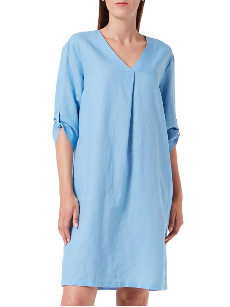 欧单b春夏季女装大码长款亚麻衬衫五分袖连衣裙linen shirt dress