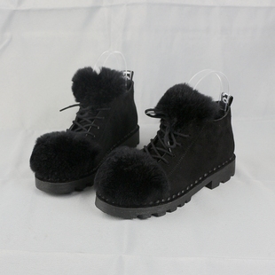 36码舒适好穿时尚绒面兔毛前绑带低跟粗跟单鞋秋冬加绒加厚短靴女