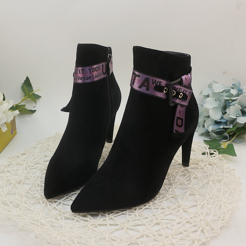 羊猄皮尖头高跟鞋细跟真皮短靴女