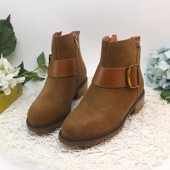 瑕疵特惠时尚 磨砂牛反绒皮带扣中跟粗跟秋冬加绒保暖真皮短靴女鞋