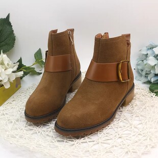 瑕疵特惠时尚磨砂牛反绒皮带扣中跟粗跟秋冬加绒保暖真皮短靴女鞋