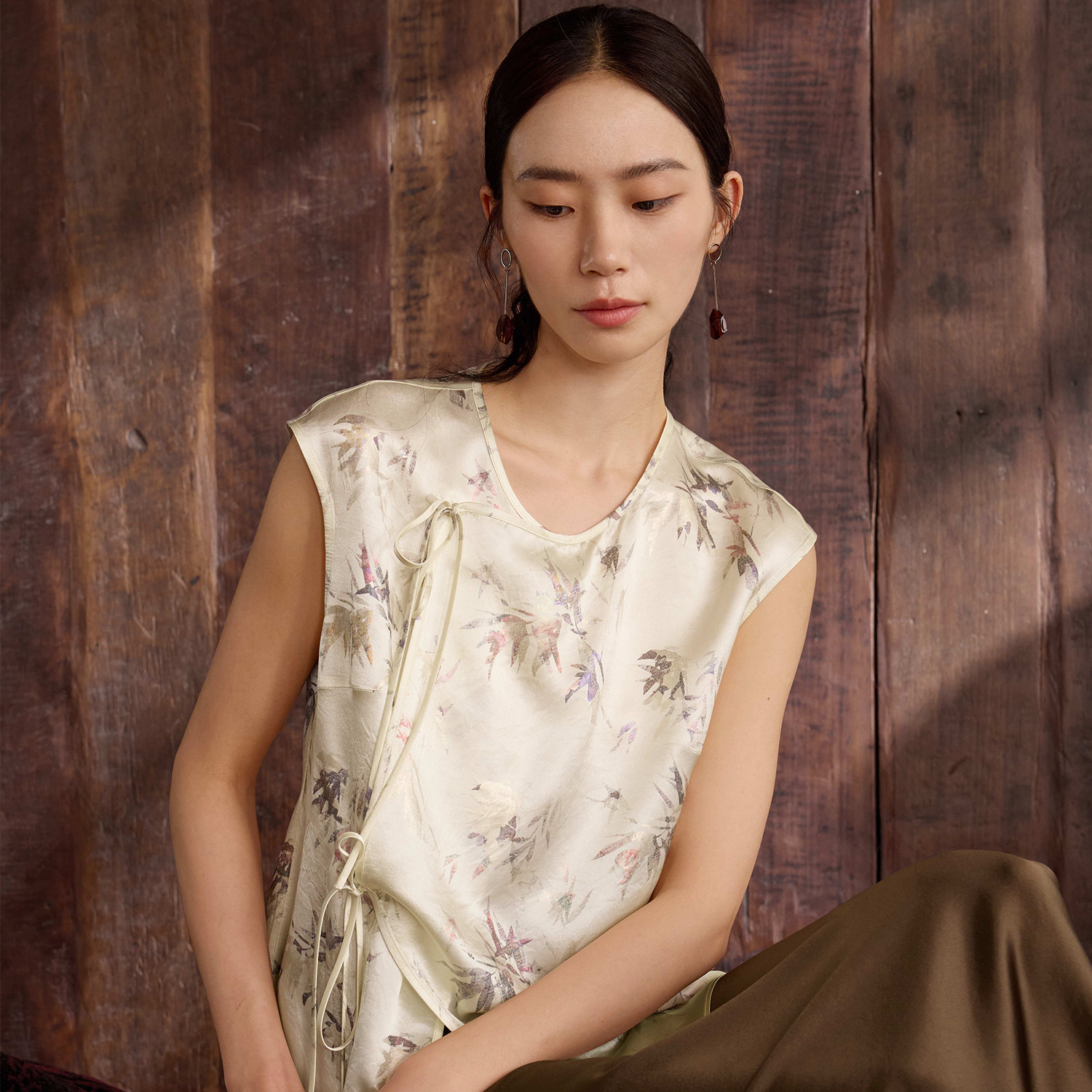 如意连云【南栀】夏季新款圆领偏襟印花上衣女新中式国风醋酸衬衫