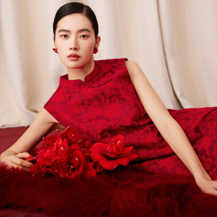 小立领提花连衣裙女新中式 新年款 收腰改良旗袍裙 万福 如意连云